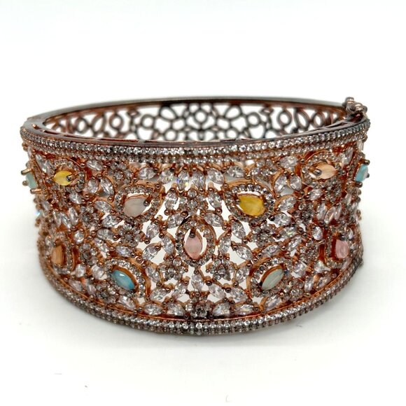 Estate Jewelry - Vintage Filigree Hinge Bracelet Rose Gold-tone Rhinestones Safety Clasp